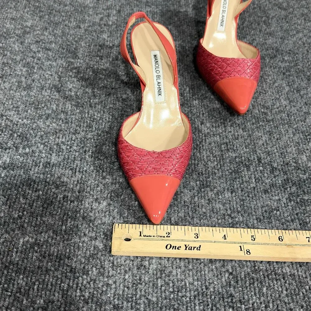 Manolo Blahnik Slingback Heels Womens 5 Pink Capsli Raffia Leather Italy Shoes